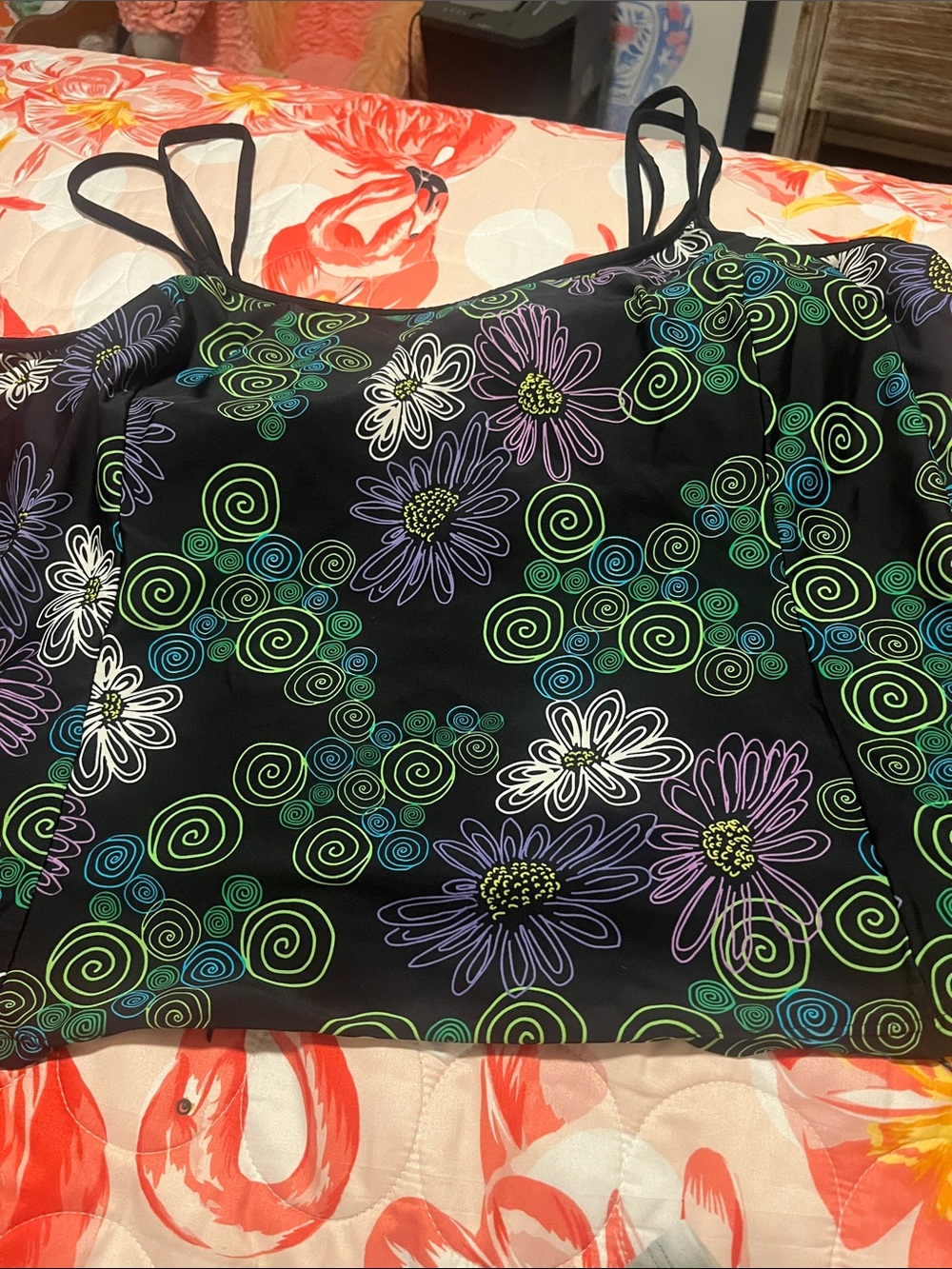 Black Floral Spiral Print Spaghetti Strap Tank Top bathing suit top